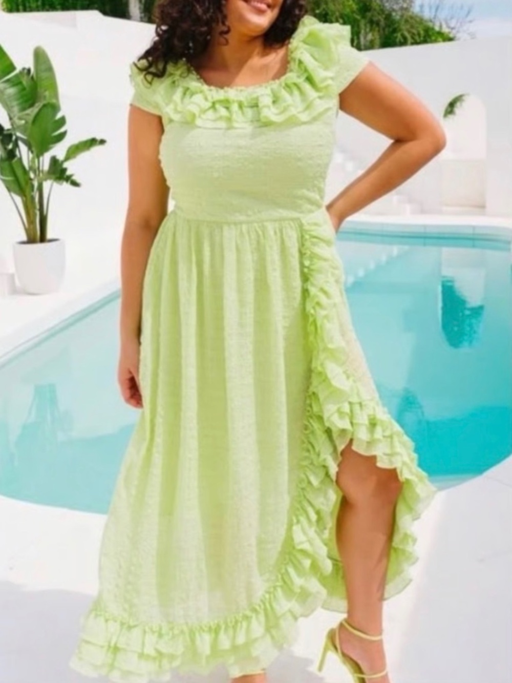 Ivy City Co Havana Lime Green Ruffle Midi Dress
